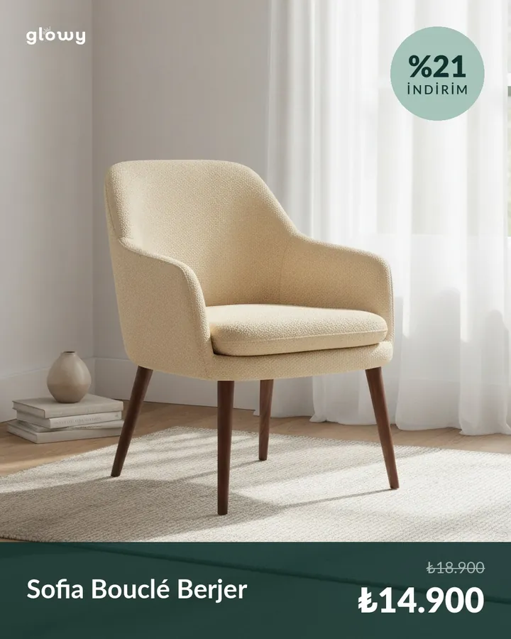 Catalog photo of an armchair compared with the same product placed in a room with its price